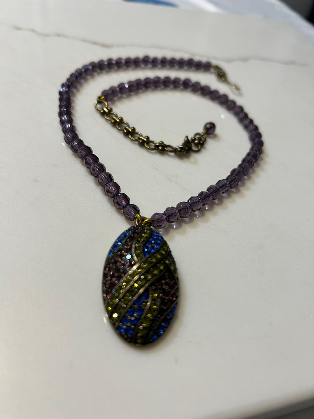 Vintage Purple Beaded Necklace with Multicolor Crystal Oval Pendant